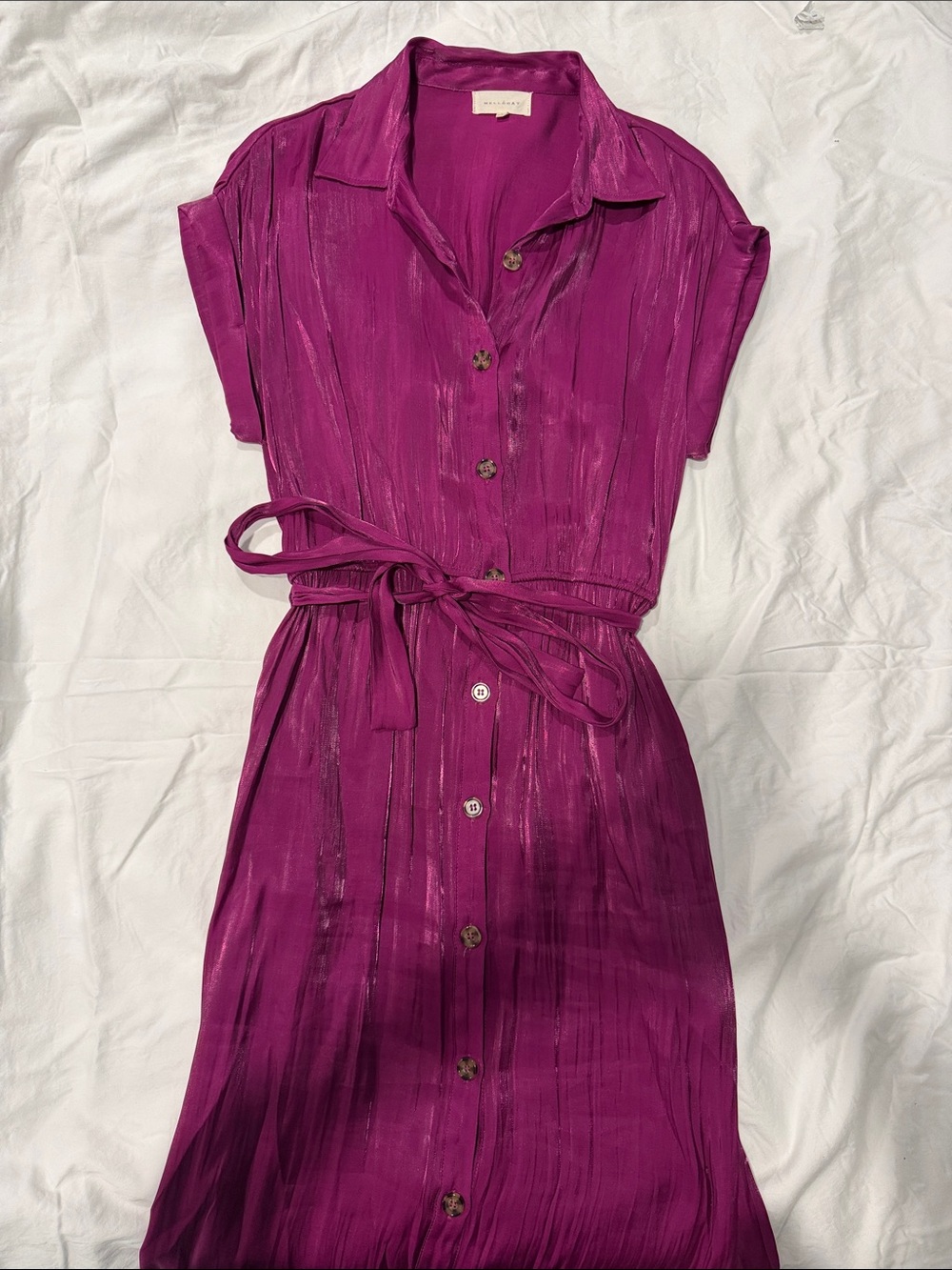 MELLODAY Magenta Button-Front Midi Shirt Dress with Tie Waist